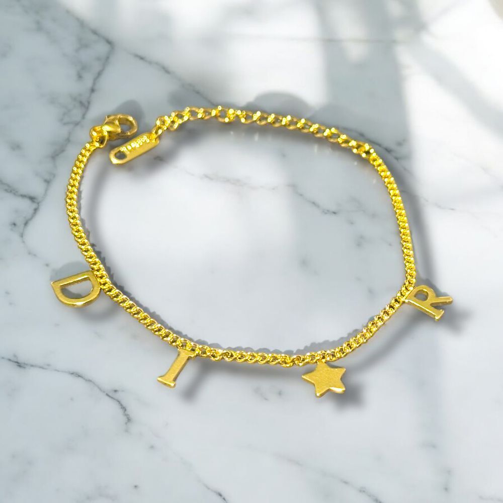 Stylish 14k Gold-Plated Charm Bracelet with D-I-R & Star Accents Adjustable Size - Picture 6 of 7